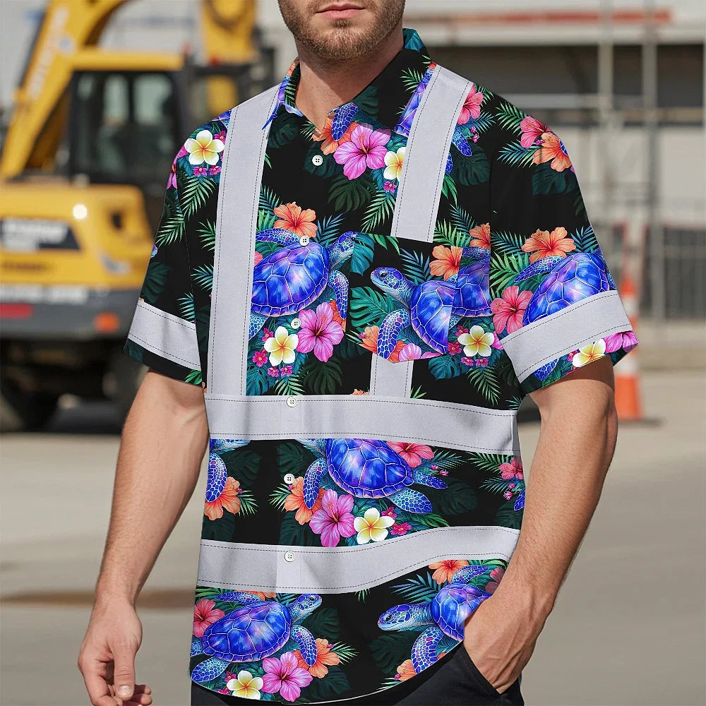 Hi Vis Hawaiian Shirt Reflective Tapes Green Black Flowers Turtle Custom Name Safety Workwear For Workers, Truckers, Operators, Company