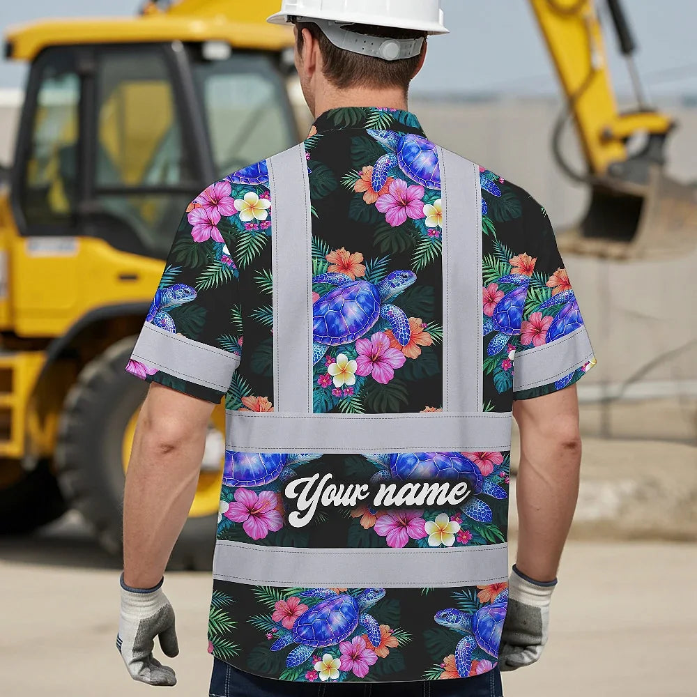 Hi Vis Hawaiian Shirt Reflective Tapes Green Black Flowers Turtle Custom Name Safety Workwear For Workers, Truckers, Operators, Company