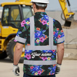 Hi Vis Hawaiian Shirt Reflective Tapes Green Black Flowers Turtle Custom Name Safety Workwear For Workers, Truckers, Operators, Company