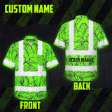 Hi Vis Hawaiian Shirt Reflective Tapes Green Black Neon Flowers Custom Name Safety Workwear For Workers, Truckers, Operators