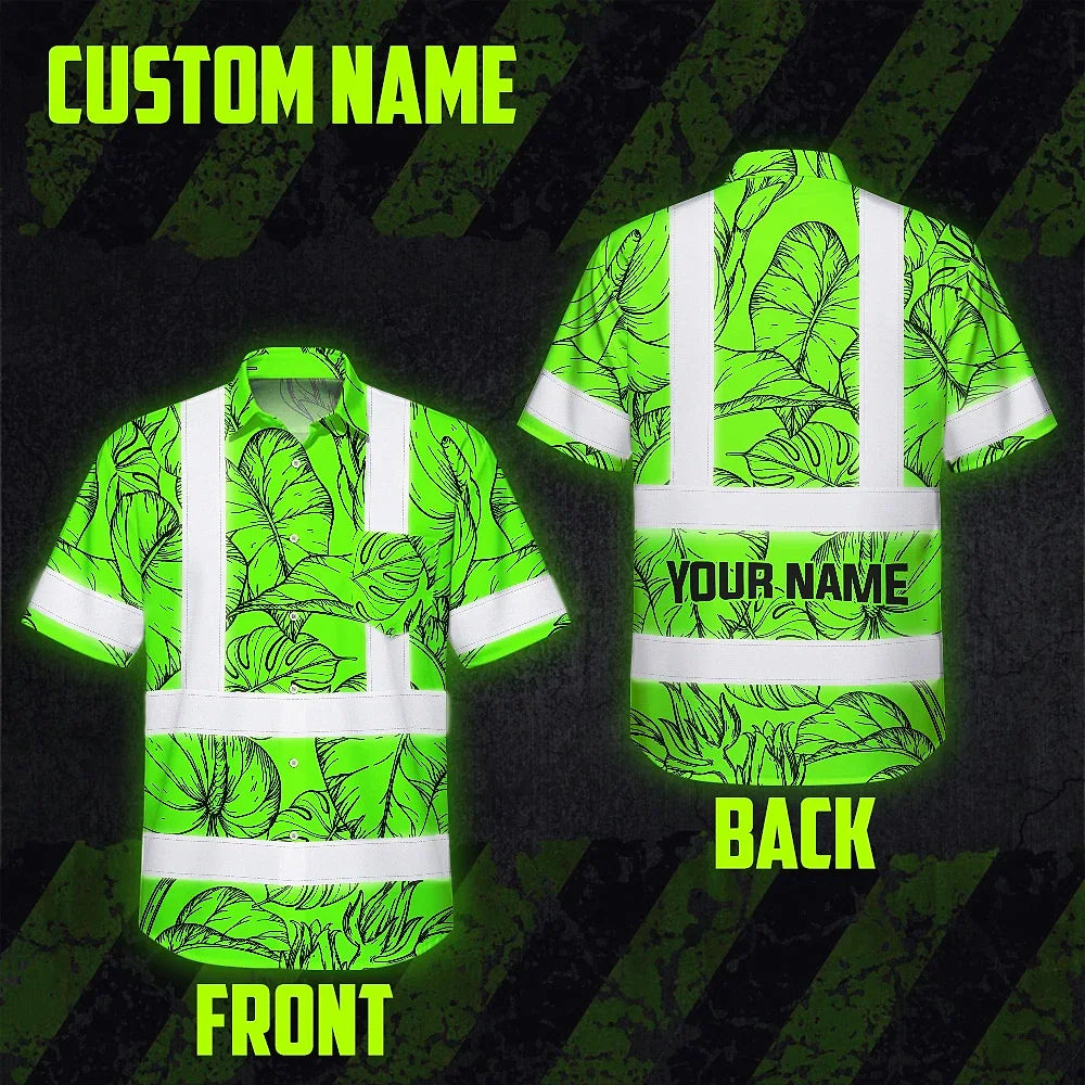 Hi Vis Hawaiian Shirt Reflective Tapes Green Black Neon Flowers Custom Name Safety Workwear For Workers, Truckers, Operators