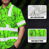 Hi Vis Hawaiian Shirt Reflective Tapes Green Black Neon Flowers Custom Name Safety Workwear For Workers, Truckers, Operators