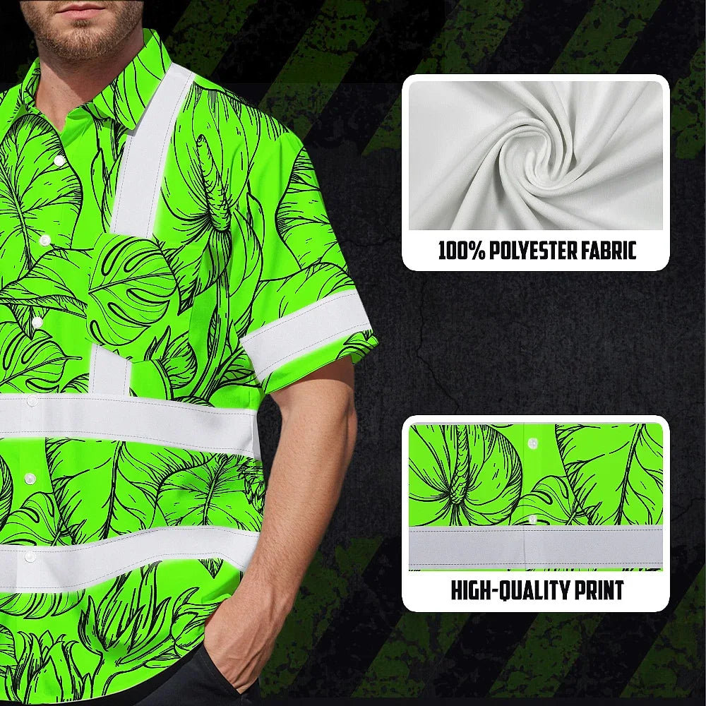 Hi Vis Hawaiian Shirt Reflective Tapes Green Black Neon Flowers Custom Name Safety Workwear For Workers, Truckers, Operators