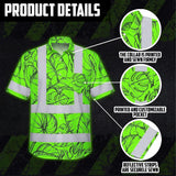 Hi Vis Hawaiian Shirt Reflective Tapes Green Black Neon Flowers Custom Name Safety Workwear For Workers, Truckers, Operators