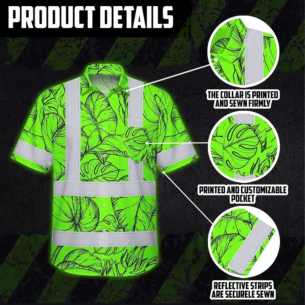 Hi Vis Hawaiian Shirt Reflective Tapes Green Black Neon Flowers Custom Name Safety Workwear For Workers, Truckers, Operators