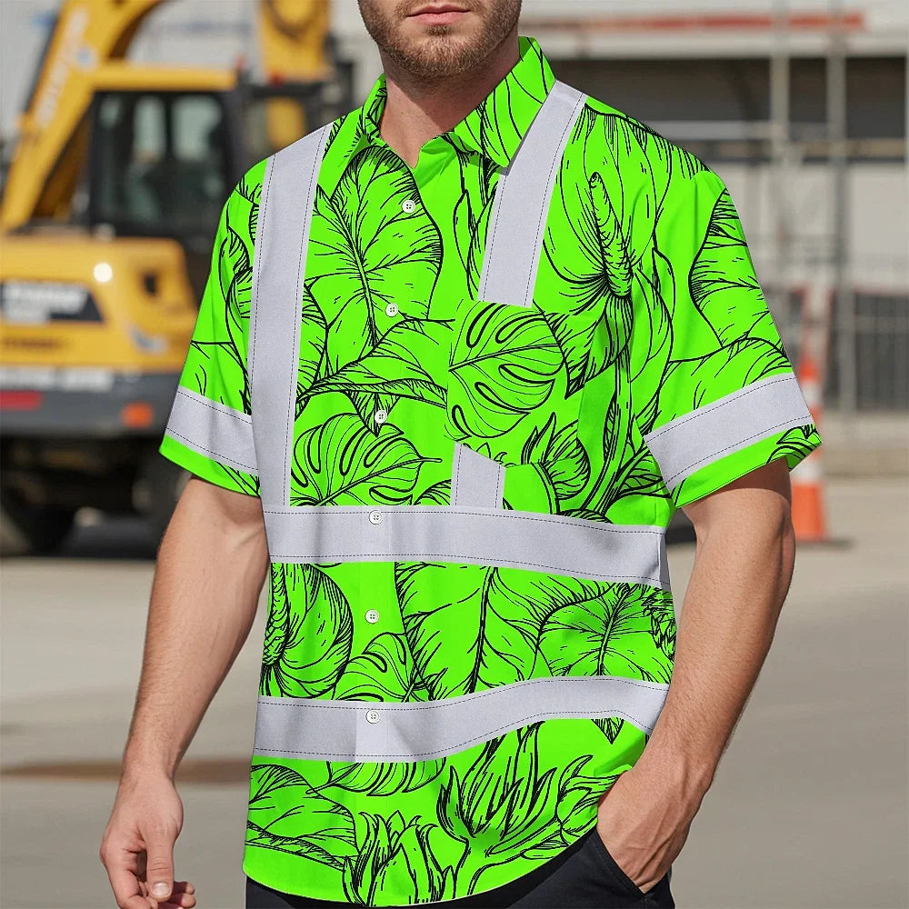 Hi Vis Hawaiian Shirt Reflective Tapes Green Black Neon Flowers Custom Name Safety Workwear For Workers, Truckers, Operators