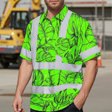 Hi Vis Hawaiian Shirt Reflective Tapes Green Black Neon Flowers Custom Name Safety Workwear For Workers, Truckers, Operators