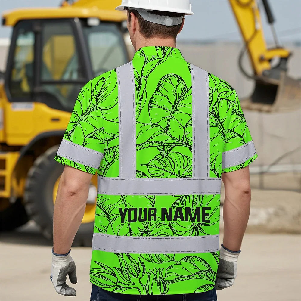 Hi Vis Hawaiian Shirt Reflective Tapes Green Black Neon Flowers Custom Name Safety Workwear For Workers, Truckers, Operators