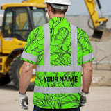 Hi Vis Hawaiian Shirt Reflective Tapes Green Black Neon Flowers Custom Name Safety Workwear For Workers, Truckers, Operators