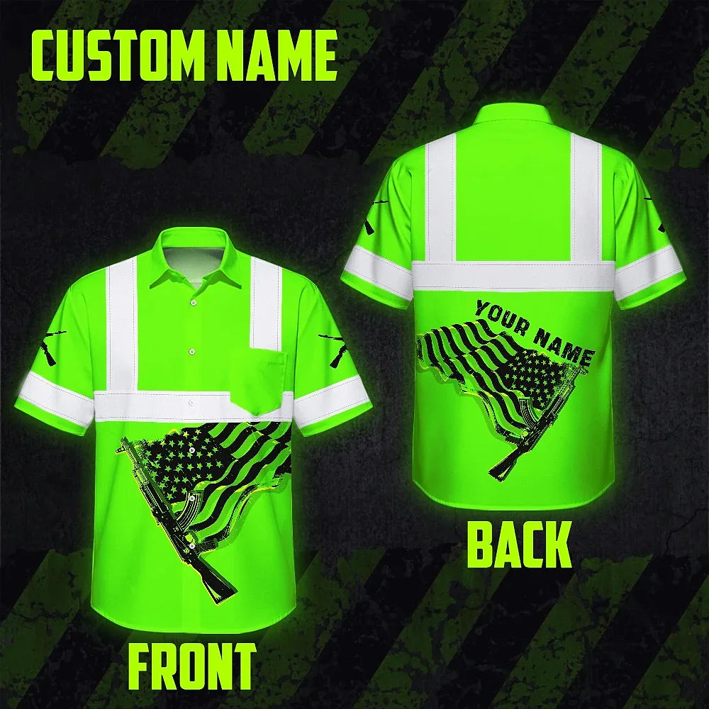 Hi Vis Hawaiian Shirt Reflective Tapes Green Black Neon Gun US Flag
