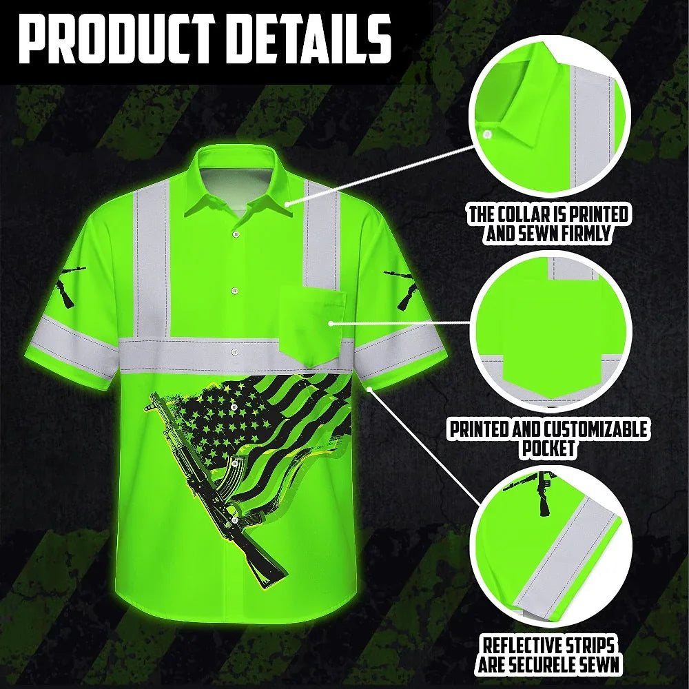 Hi Vis Hawaiian Shirt Reflective Tapes Green Black Neon Gun US Flag