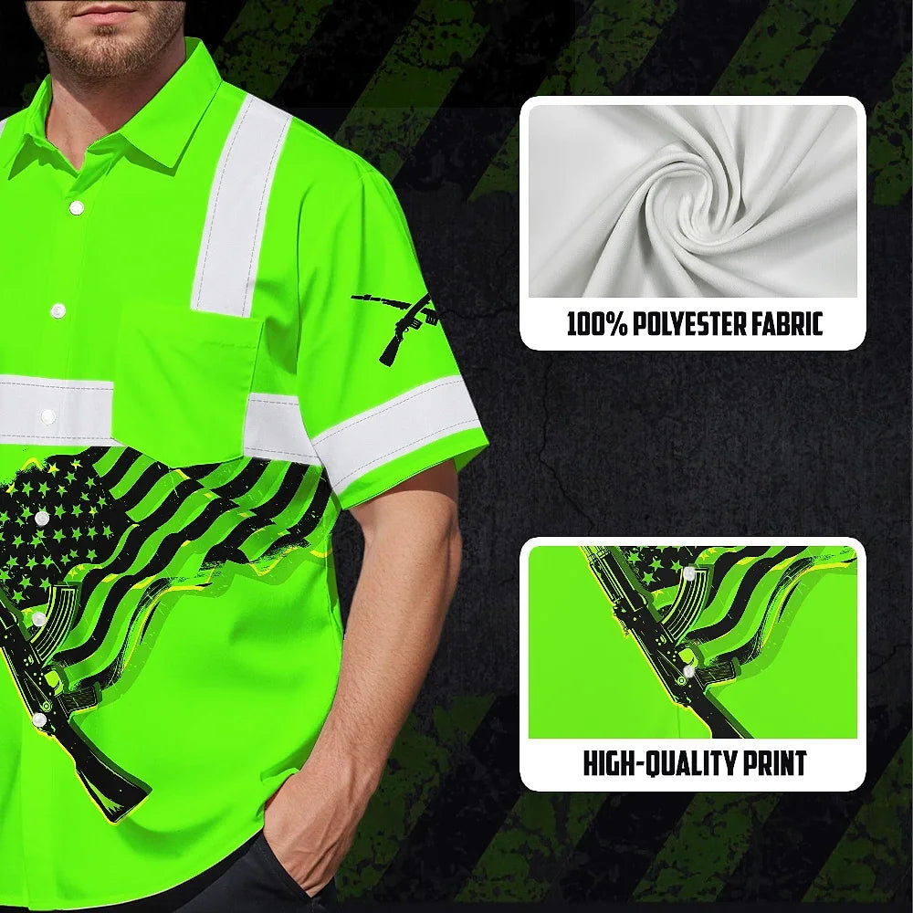 Hi Vis Hawaiian Shirt Reflective Tapes Green Black Neon Gun US Flag
