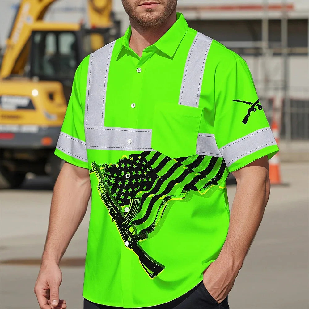 Hi Vis Hawaiian Shirt Reflective Tapes Green Black Neon Gun US Flag