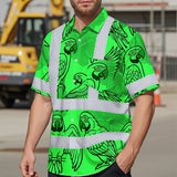 Hi Vis Hawaiian Shirt Reflective Tapes Green Black Parrot Custom Name Safety Workwear For Workers, Truckers, Operators