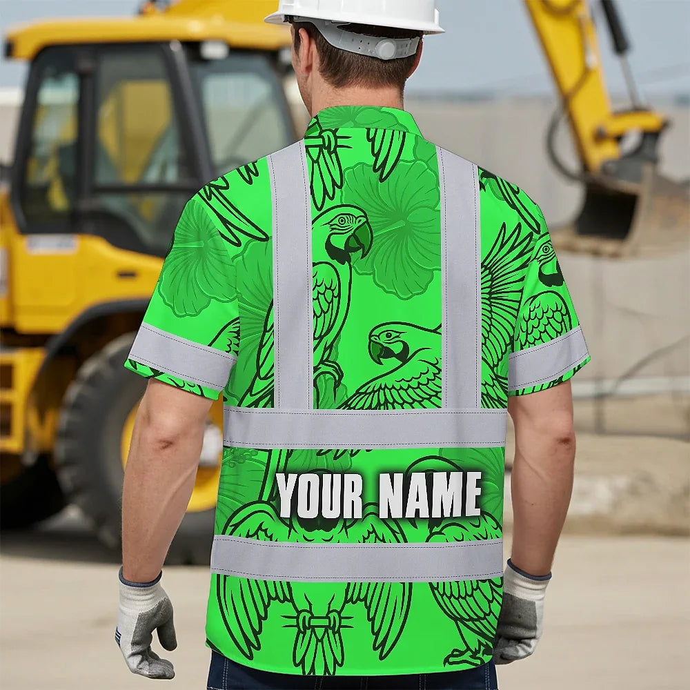 Hi Vis Hawaiian Shirt Reflective Tapes Green Black Parrot Custom Name Safety Workwear For Workers, Truckers, Operators