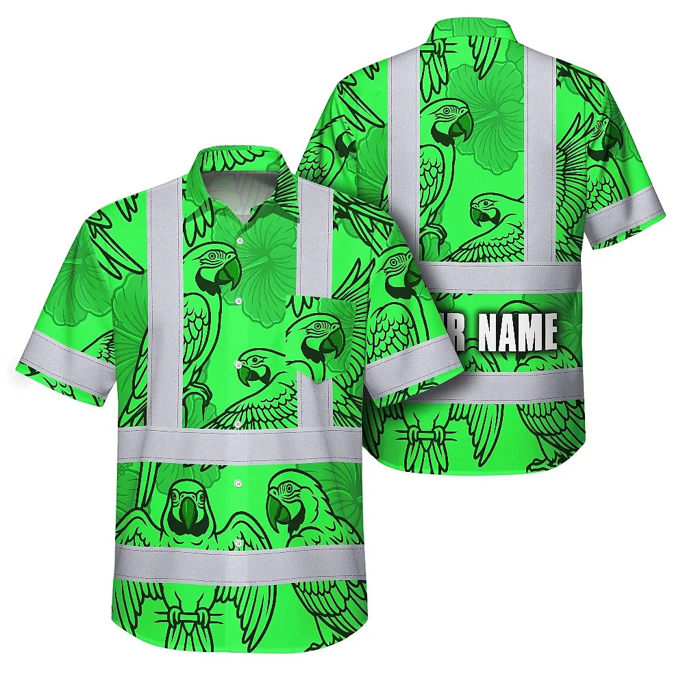 Hi Vis Hawaiian Shirt Reflective Tapes Green Black Parrot Custom Name Safety Workwear For Workers, Truckers, Operators