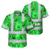 Hi Vis Hawaiian Shirt Reflective Tapes Green Black Parrot Custom Name Safety Workwear For Workers, Truckers, Operators