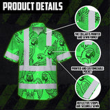 Hi Vis Hawaiian Shirt Reflective Tapes Green Black Parrot Custom Name Safety Workwear For Workers, Truckers, Operators