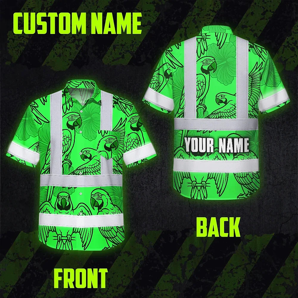 Hi Vis Hawaiian Shirt Reflective Tapes Green Black Parrot Custom Name Safety Workwear For Workers, Truckers, Operators
