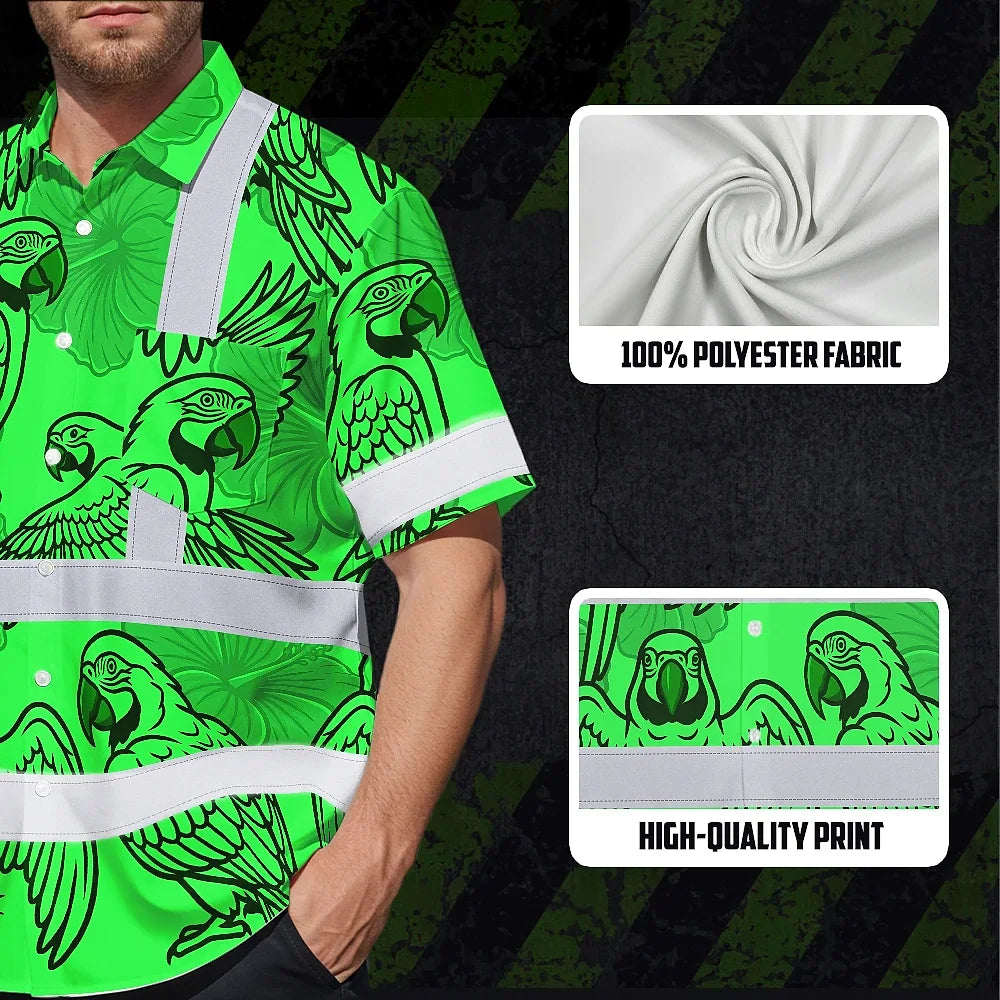 Hi Vis Hawaiian Shirt Reflective Tapes Green Black Parrot Custom Name Safety Workwear For Workers, Truckers, Operators