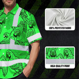 Hi Vis Hawaiian Shirt Reflective Tapes Green Black Parrot Custom Name Safety Workwear For Workers, Truckers, Operators