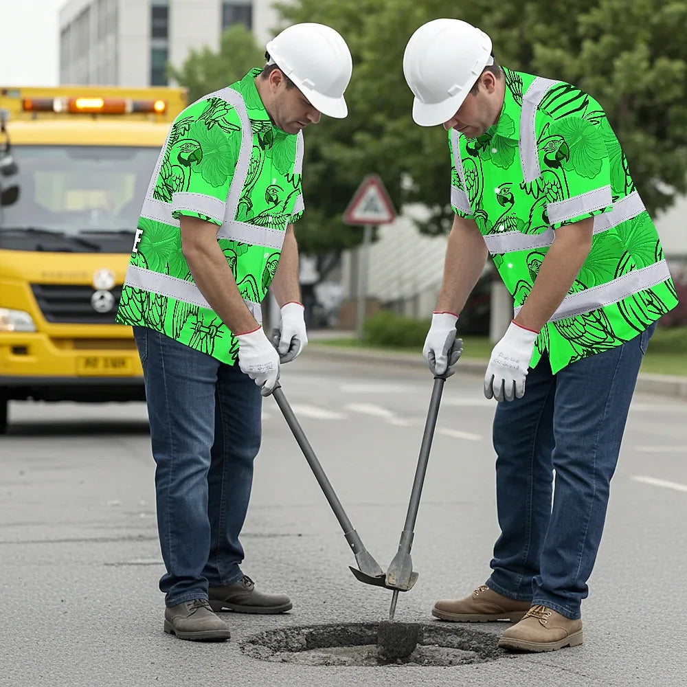 Hi Vis Hawaiian Shirt Reflective Tapes Green Black Parrot Custom Name Safety Workwear For Workers, Truckers, Operators
