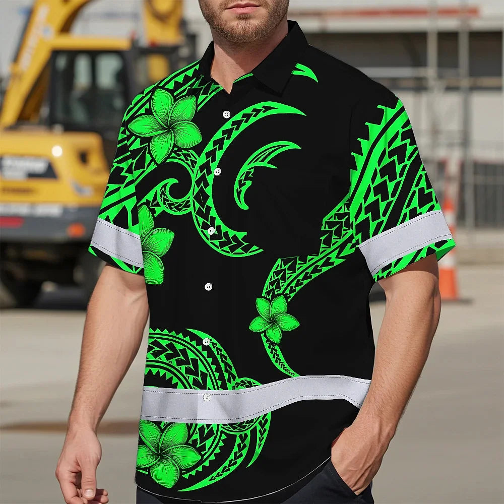 Hi Vis Hawaiian Shirt Reflective Tapes Green Black Polynesian Custom Name Safety Workwear For Workers, Truckers, Operators