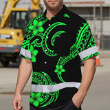 Hi Vis Hawaiian Shirt Reflective Tapes Green Black Polynesian Custom Name Safety Workwear For Workers, Truckers, Operators