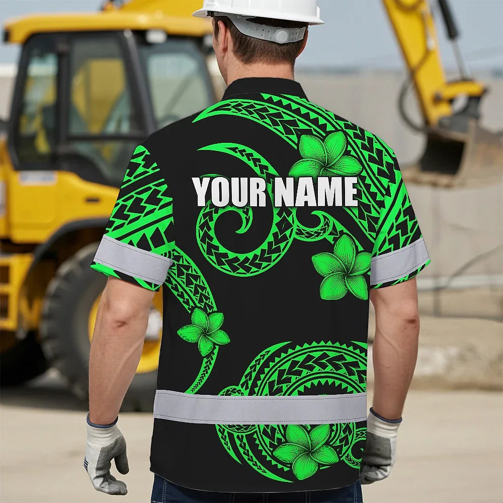 Hi Vis Hawaiian Shirt Reflective Tapes Green Black Polynesian Custom Name Safety Workwear For Workers, Truckers, Operators