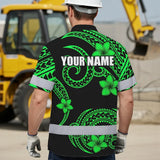 Hi Vis Hawaiian Shirt Reflective Tapes Green Black Polynesian Custom Name Safety Workwear For Workers, Truckers, Operators