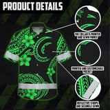 Hi Vis Hawaiian Shirt Reflective Tapes Green Black Polynesian Custom Name Safety Workwear For Workers, Truckers, Operators