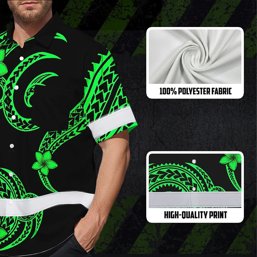 Hi Vis Hawaiian Shirt Reflective Tapes Green Black Polynesian Custom Name Safety Workwear For Workers, Truckers, Operators