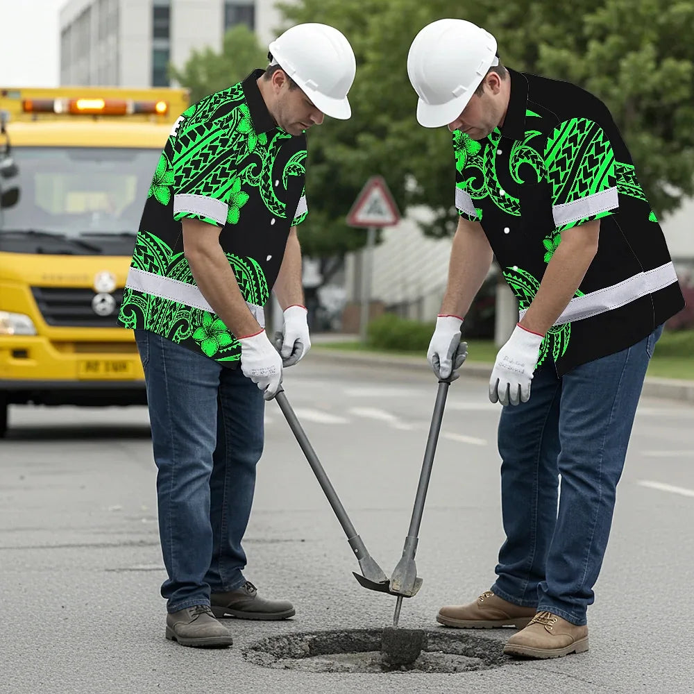 Hi Vis Hawaiian Shirt Reflective Tapes Green Black Polynesian Custom Name Safety Workwear For Workers, Truckers, Operators
