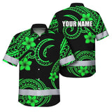 Hi Vis Hawaiian Shirt Reflective Tapes Green Black Polynesian Custom Name Safety Workwear For Workers, Truckers, Operators