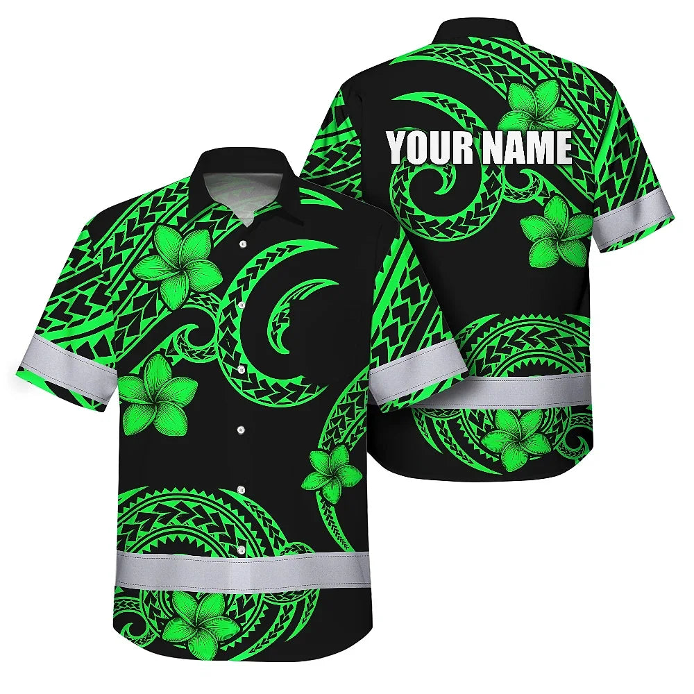 Hi Vis Hawaiian Shirt Reflective Tapes Green Black Polynesian Custom Name Safety Workwear For Workers, Truckers, Operators
