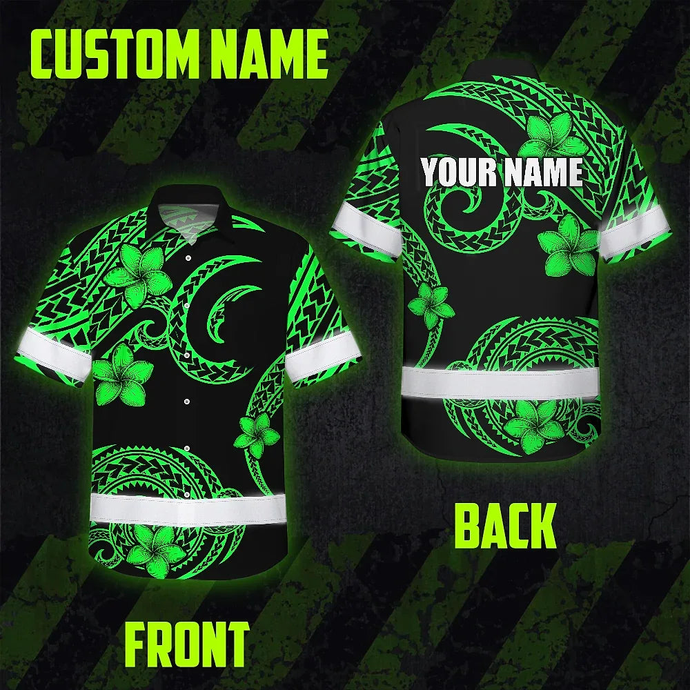 Hi Vis Hawaiian Shirt Reflective Tapes Green Black Polynesian Custom Name Safety Workwear For Workers, Truckers, Operators