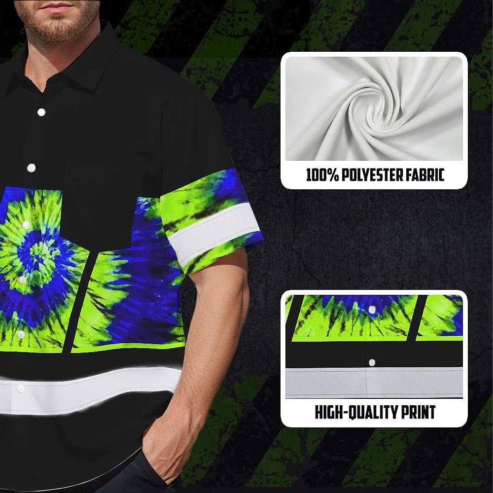 Hi Vis Hawaiian Shirt Reflective Tapes Green Blue Tie Dye Custom Name Safety Workwear For Workers, Runners, Cyclists