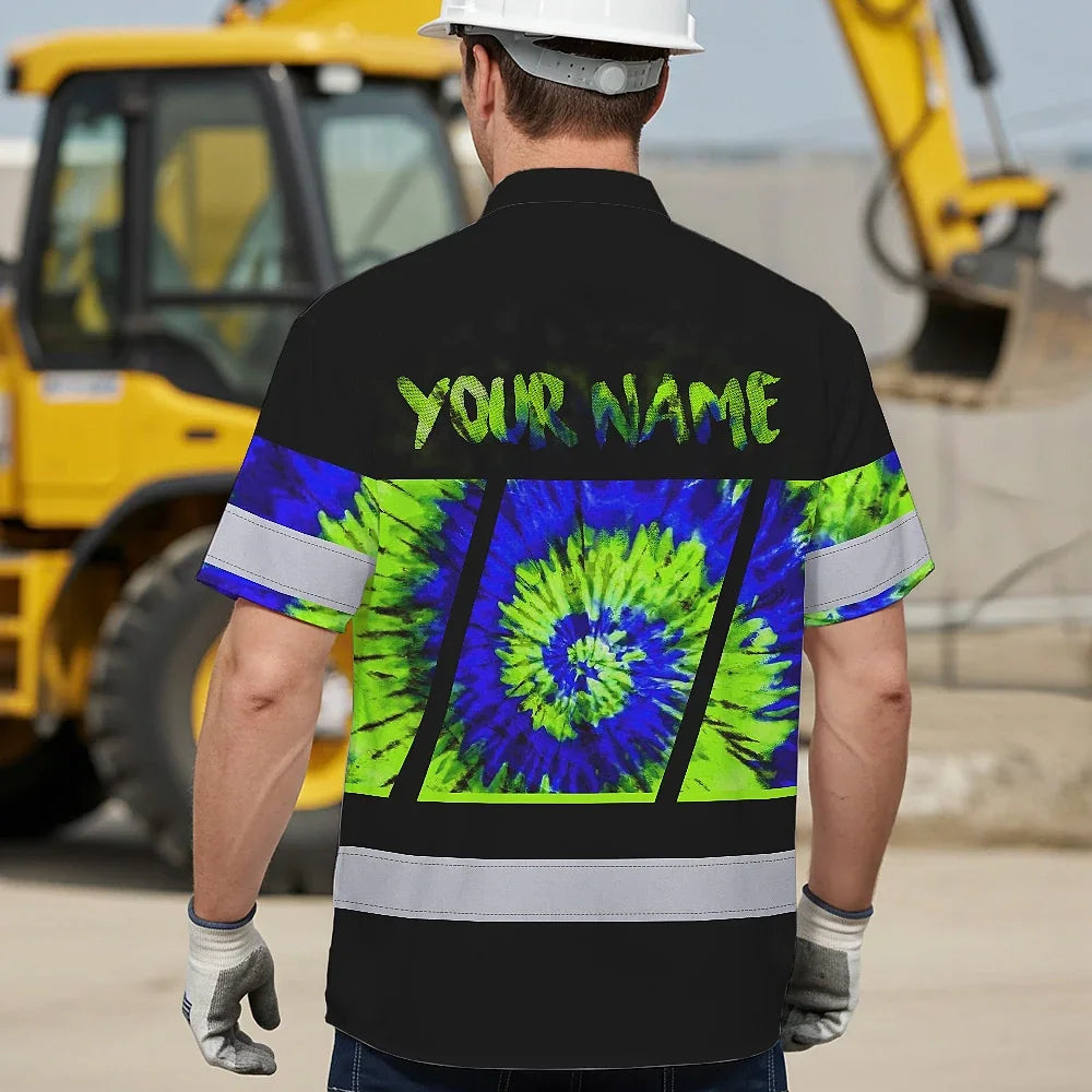 Hi Vis Hawaiian Shirt Reflective Tapes Green Blue Tie Dye Custom Name Safety Workwear For Workers, Runners, Cyclists