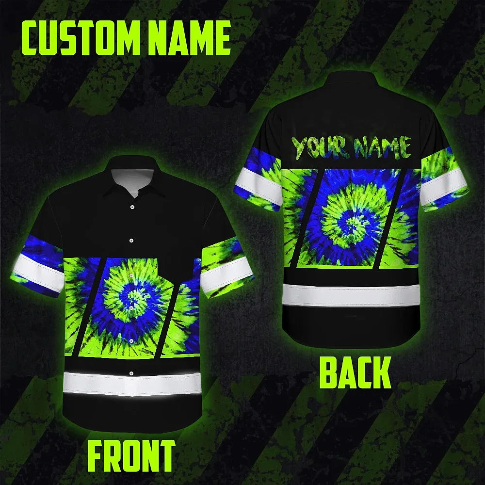 Hi Vis Hawaiian Shirt Reflective Tapes Green Blue Tie Dye Custom Name Safety Workwear For Workers, Runners, Cyclists
