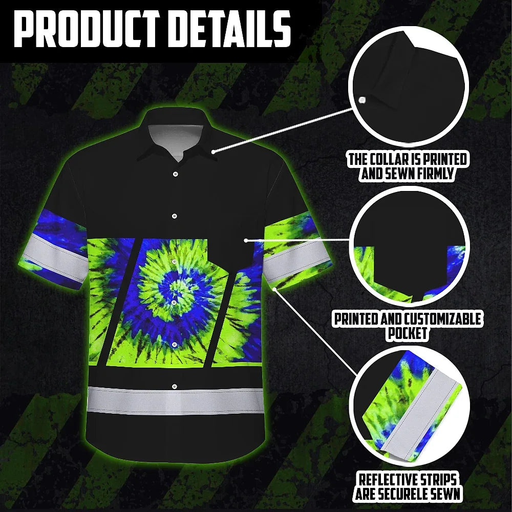 Hi Vis Hawaiian Shirt Reflective Tapes Green Blue Tie Dye Custom Name Safety Workwear For Workers, Runners, Cyclists