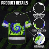 Hi Vis Hawaiian Shirt Reflective Tapes Green Blue Tie Dye Custom Name Safety Workwear For Workers, Runners, Cyclists
