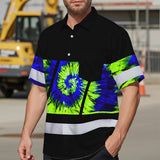 Hi Vis Hawaiian Shirt Reflective Tapes Green Blue Tie Dye Custom Name Safety Workwear For Workers, Runners, Cyclists