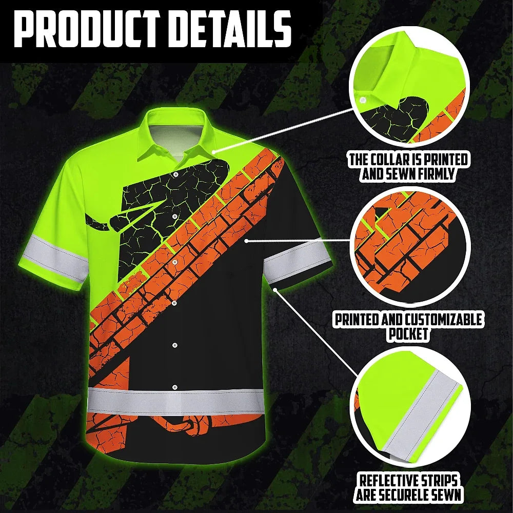 Hi Vis Hawaiian Shirt Reflective Tapes Green Bricklayer Custom Name Safety Workwear