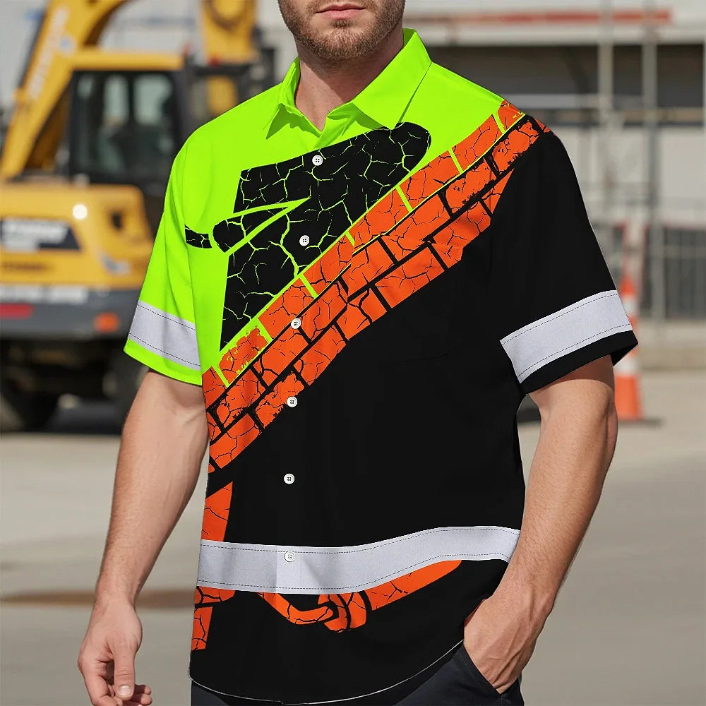 Hi Vis Hawaiian Shirt Reflective Tapes Green Bricklayer Custom Name Safety Workwear