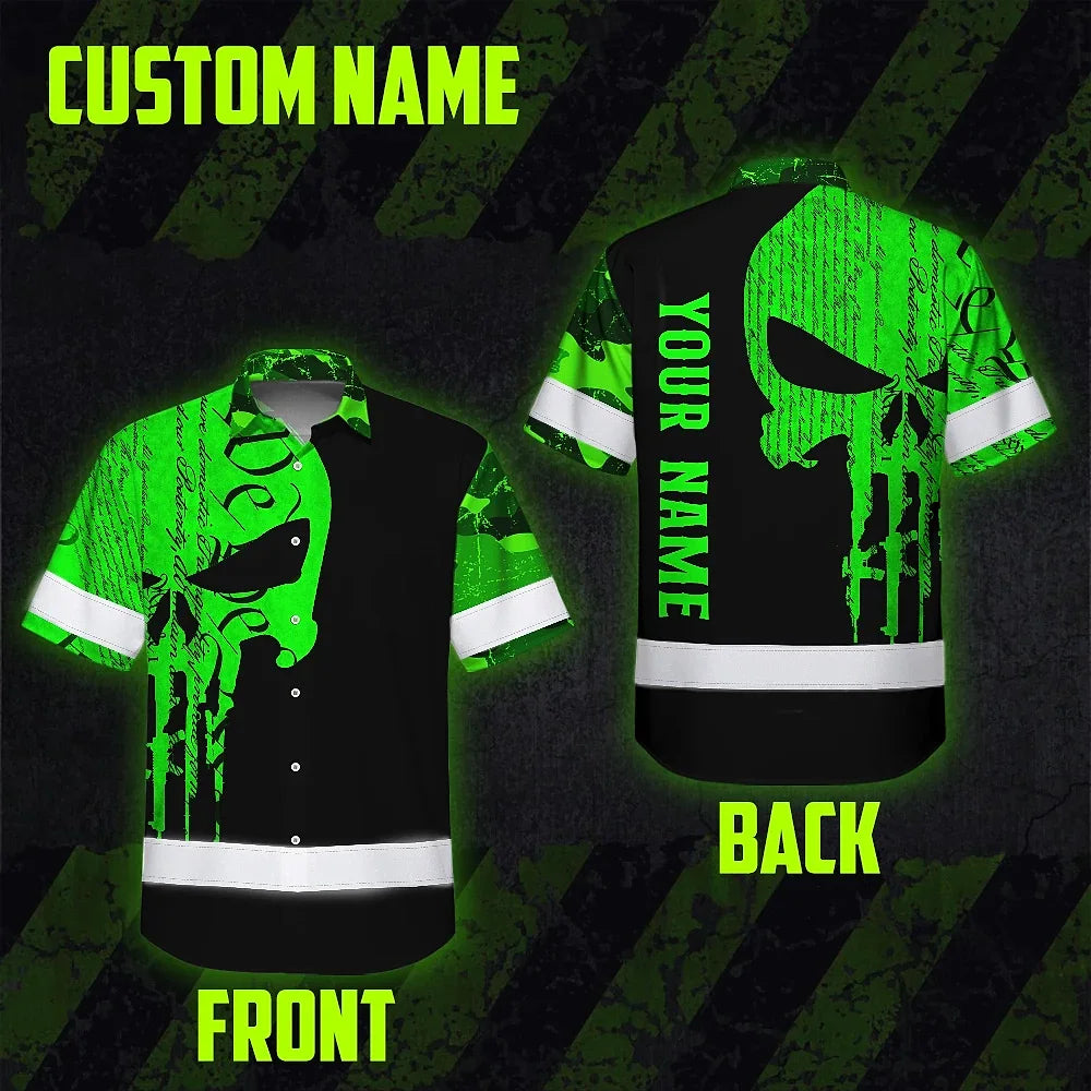 Hi Vis Hawaiian Shirt Reflective Tapes Green Camo Neon Skull Gun