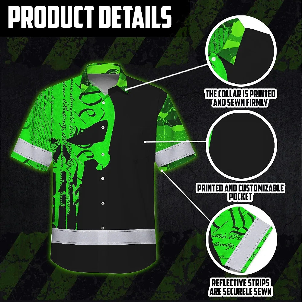 Hi Vis Hawaiian Shirt Reflective Tapes Green Camo Neon Skull Gun