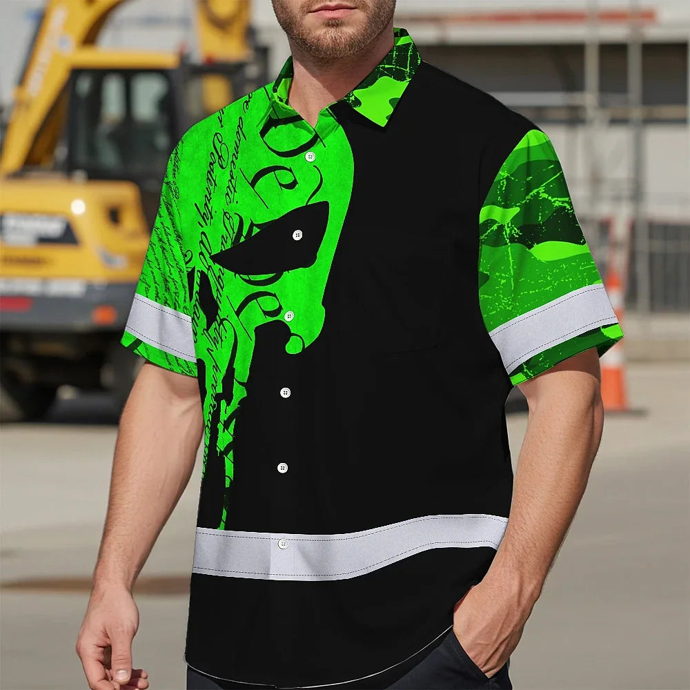 Hi Vis Hawaiian Shirt Reflective Tapes Green Camo Neon Skull Gun