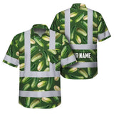 Hi Vis Hawaiian Shirt Reflective Tapes Green Cucumber Custom Name Safety Workwear For Workers, Truckers, Operators