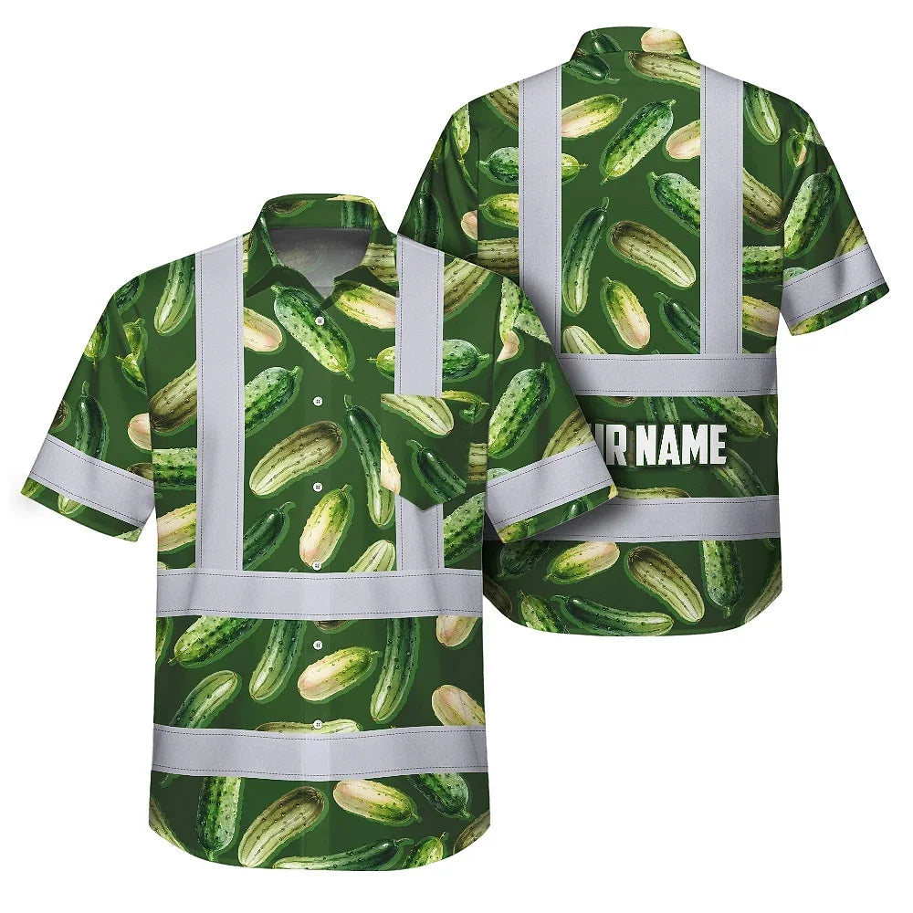 Hi Vis Hawaiian Shirt Reflective Tapes Green Cucumber Custom Name Safety Workwear For Workers, Truckers, Operators