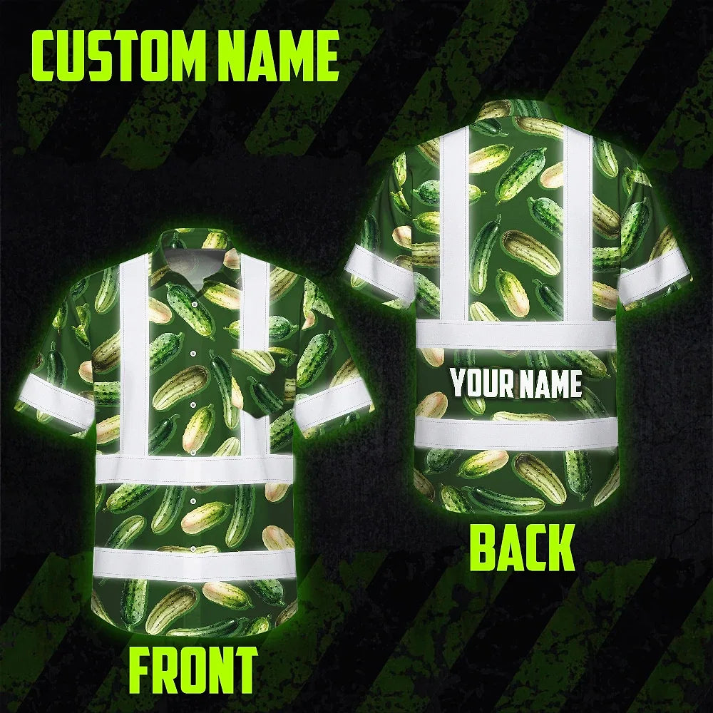 Hi Vis Hawaiian Shirt Reflective Tapes Green Cucumber Custom Name Safety Workwear For Workers, Truckers, Operators